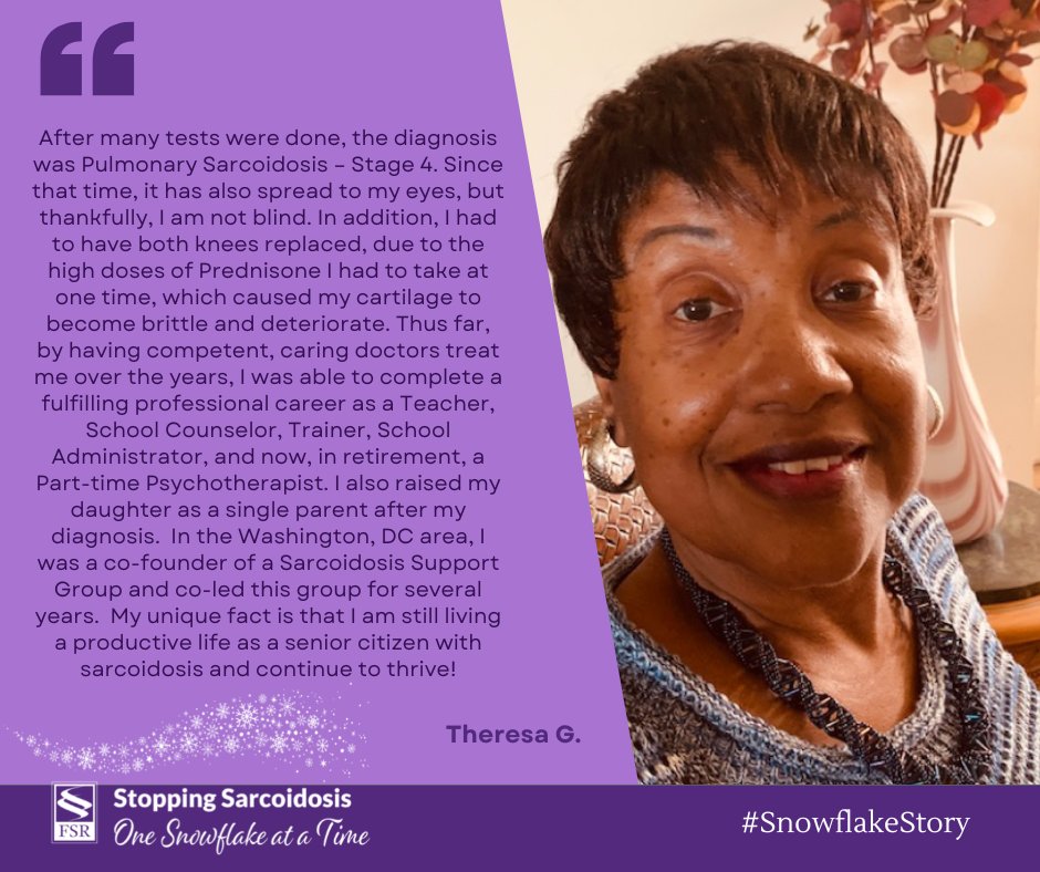 StopSarcoidosis's tweet photo. FSR is grateful to Theresa for sharing her unique #SnowflakeStory to raise awareness for #sarcoidosis and find better treatments and a cure.
Help support our fight against sarcoidosis and donate today: https://t.co/z283gHKeFt
#sarcoidosisawareness #MakeItVisible https://t.co/3KoleF5cts