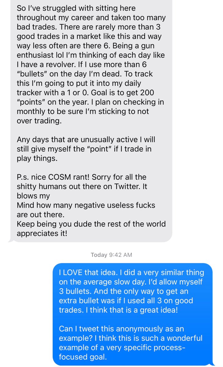TheOneLanceB's tweet photo. OVERTRADING SOLUTION EXAMPLE:

Been receiving some great annual goals from members of the trading pods I work with.

LOVED this solution to overtrading from a long-time friend. So similar to a mindset I also used for help w selectivity.

Solution is concrete &amp; logical. 🤜🤛 https://t.co/d8wT5MDFlJ