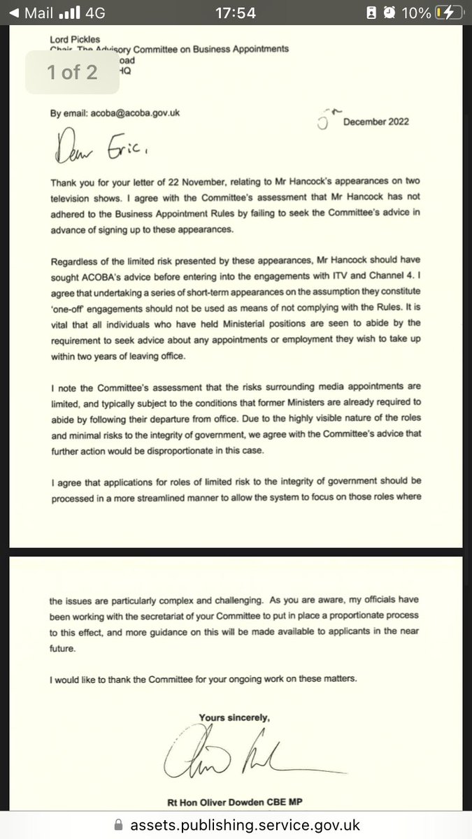 You will be stunned to learn Matt Hancock will face no consequences whatsoever for breaking outside jobs rules (and as such, the Ministerial Code). 

Oliver Dowden says any punishment would be “disproportionate”.