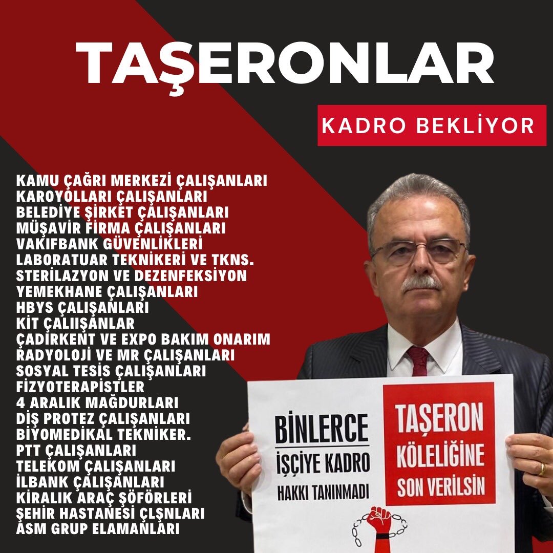 Kamu kurumlarında ihale usulü ile taşeron şirketler tarafından çalıştırılan ve Kamu’nun asıl işini yapan tüm emekçi kardeşlerimiz acilen kadroya geçirilmelidir! 
Devletin taşeronu olmaz! <a href="/vedatbilgn/">Vedat Bilgin</a> 
#TümTaşeronKadroya