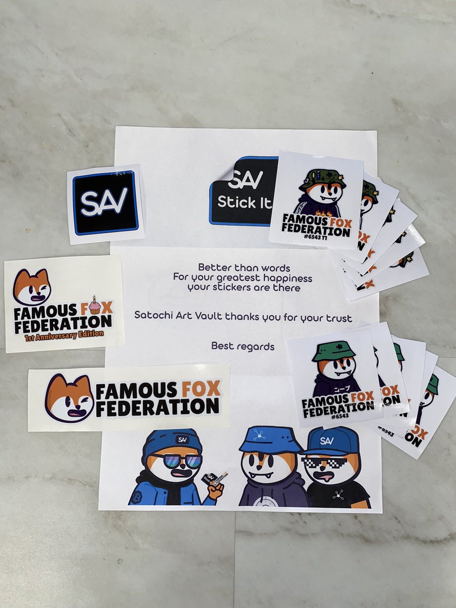 Package secured!

Huge SO to @SatochiArtVault for this fire package!🔥🟠 
Peep the OG AND T1 upgrades of my fox!

They even threw in a <a href="/FamousFoxFed/">Famous Fox Federation 🦊🟠</a> sticker and a 1st Anniversary sticker 🙏🤝

I’m sticking these everywhere! 🟠
