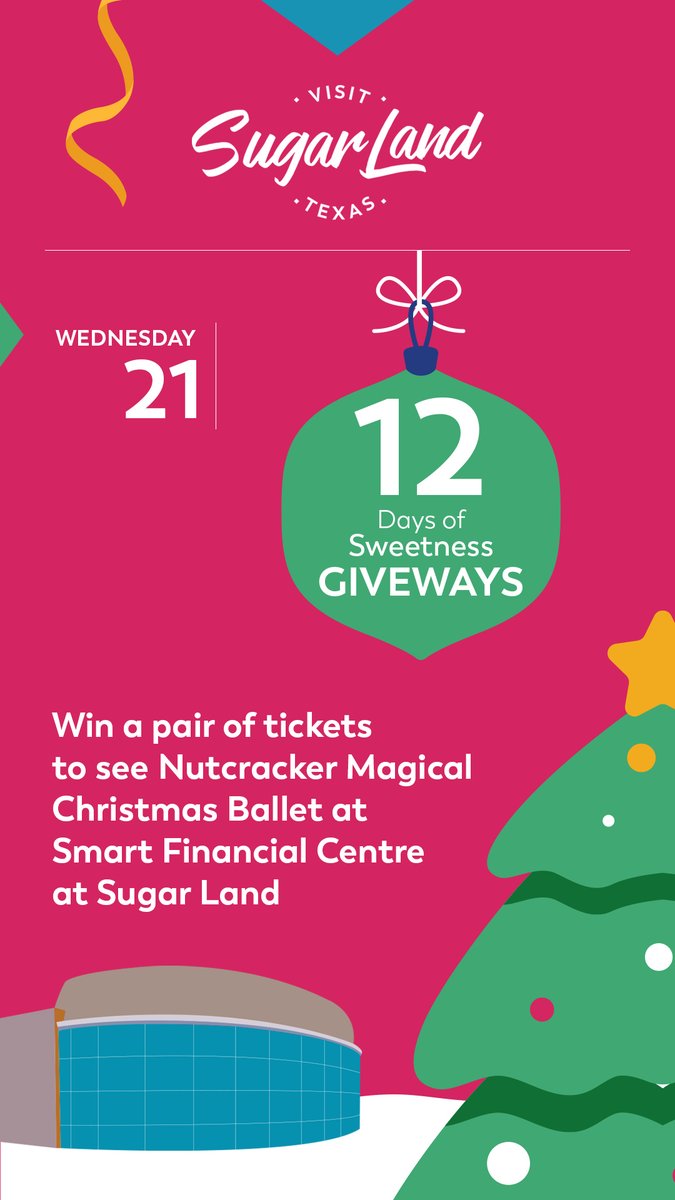 VisitSugarLand's tweet photo. π DAY 11 π As part of our #12DaysofSweetness, we are giving a lucky winner a pair of tickets to a #ballet show at @SmartLiveTX!
TO ENTER:
1οΈβ£ Follow @VisitSugarLand & @SmartLiveTX!
2οΈβ£ β€οΈ and Retweet this post
3οΈβ£ Sign up β‘οΈ https://t.co/KCZ53AO34y
Winner announced on 12/23! https://t.co/Rb5wJHLv81