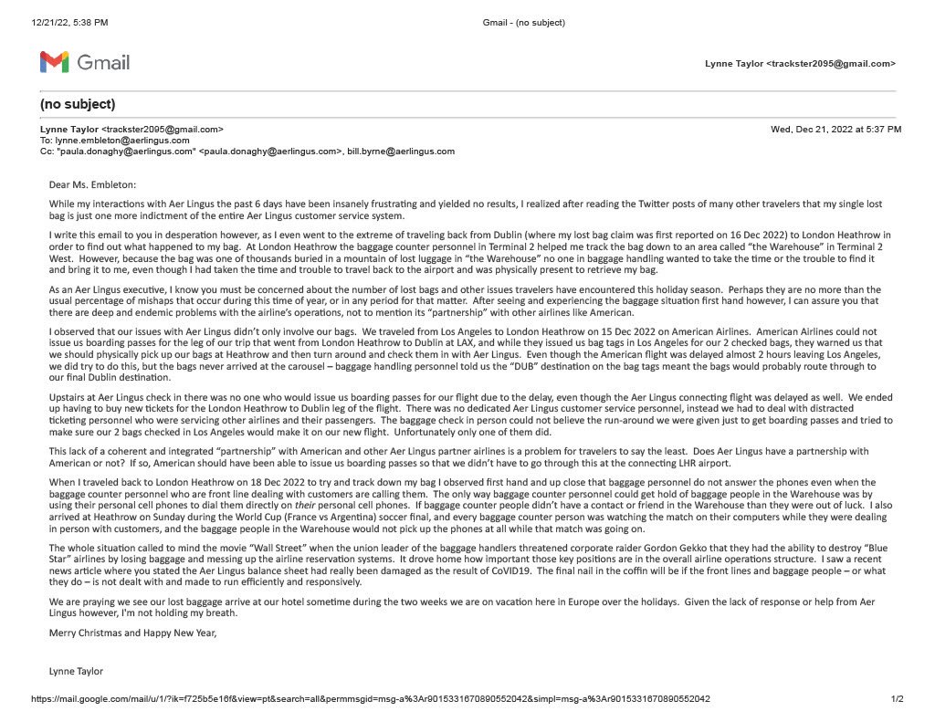 Trackster2095's tweet photo. @n8camarillo @LaurenCapurro @Missioniee @Gina040126291 @danielstroud @tenniskid09 @ThatRola08 @EleanorMayx my letter to @AerLingus CEO Lynne Embleton and other execs.  At wit’s end, I’m taking this fiasco to the top and encourage everyone to do the same! https://t.co/hNsMsUCtmg