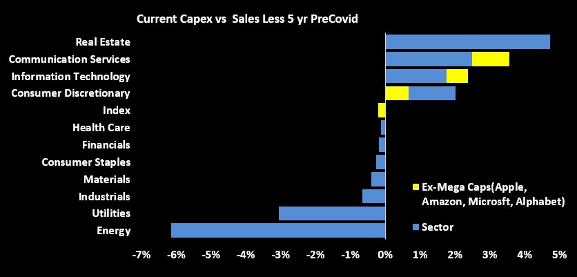 Capex-to-sales ratios well below prepandemic averages for most segments of the S&amp;P 500 supports the idea that a recession will not be particularly deep this time around.