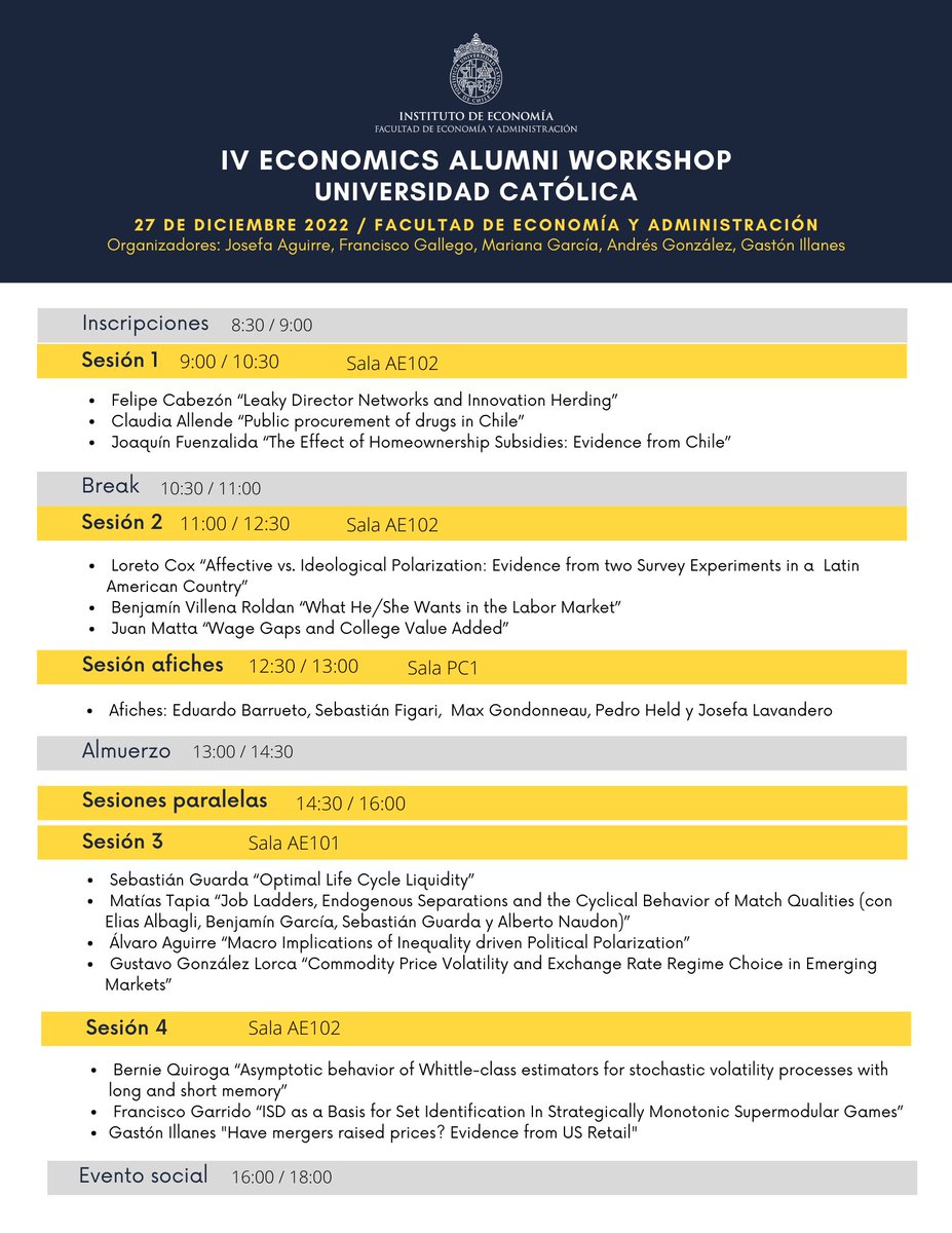 IE_UC's tweet image. 🔵 Una vez al año nos reunimos en el Economics Alumni Workshop del @IE_UC, donde nuestros economistas presentan sus investigaciones. Este es nuestro programa para el martes 27 de diciembre: