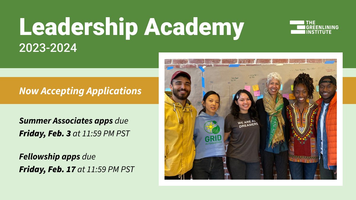 The Greenlining Institute builds the next generation of racial equality leaders as part of our mission to bring lasting, transformative change to communities of color.

Apply to join our #LeadershipAcademy programs and enact systemic change: ow.ly/G7Cn50M7P72