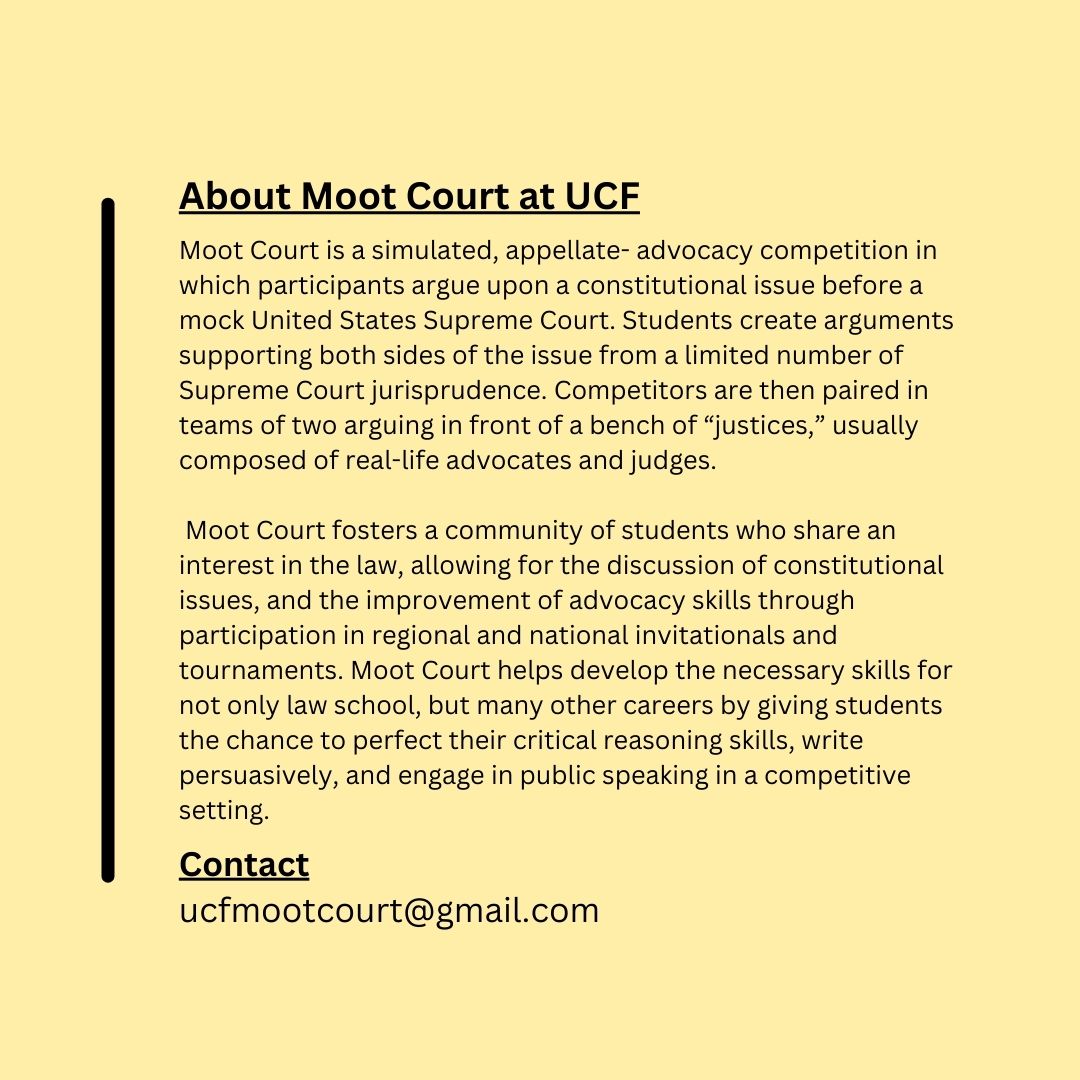 Attention Pre-Law Knights⚖️, this Wednesday, we're spotlighting Moot Court at UCF! Swipe to learn more!