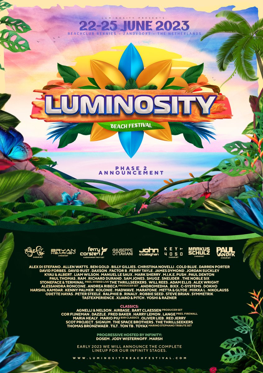 We are proud to relesae the Phase 2 announcement for the Luminosity Beach Festival 2023! Please keep in mind that early 2023 we will announce the complete lineup for our INFINITY stage! Also the day schedule will be anounced shortly as well, stay tuned!

luminosity-events.nl/tickets