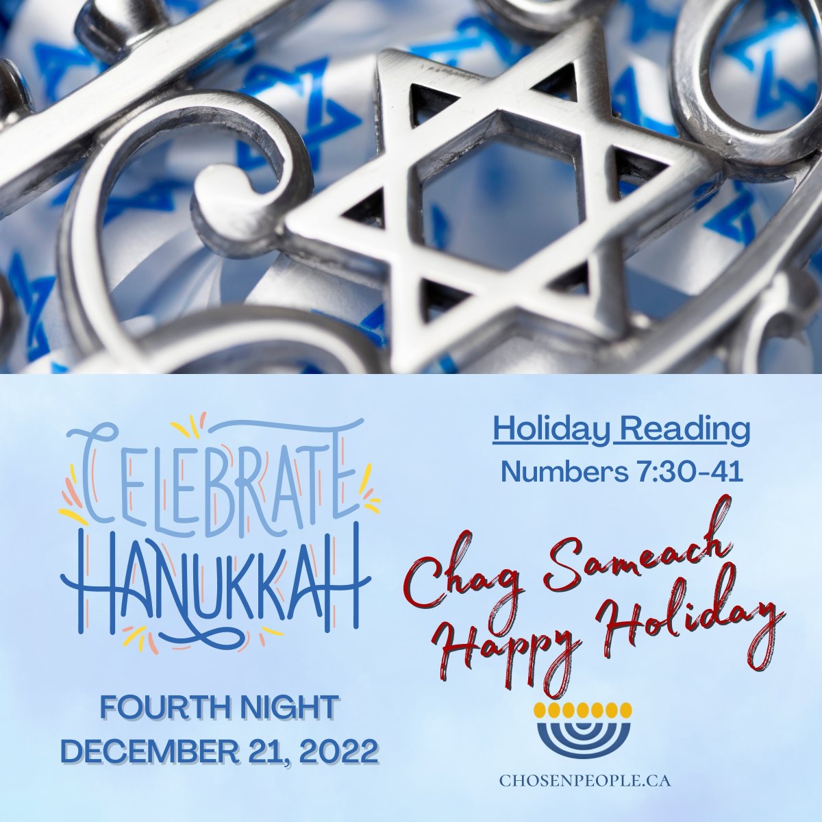 ChosenPeopleCA's tweet photo. Happy Hanukkah!  This evening is the fourth night of the Feast of Dedication.  Light the Servant candle and four other candles on your hanukkiah.  Chag Sameach!  #hanukkah #chagsameach #dedication #lights #fourthnight #candles https://t.co/FYi4Ba2pXh