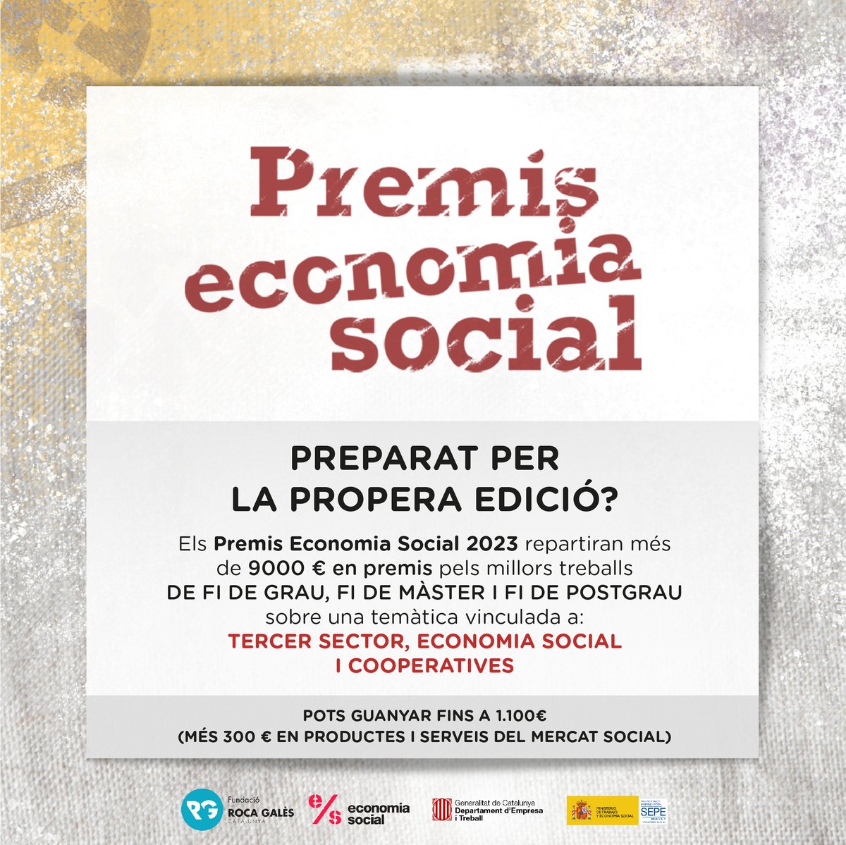🙋‍♀️ ATENCIÓ ESTUDIANTS! 

➡️ Ja estem preparant la nova edició dels #PremisEconomiaSocial als millors Treballs de Fi de Grau #TFG, de Fi de Postgrau #TFP i de Fi de Màster #TFM sobre temàtiques d'economia social, el tercer sector i les cooperatives! ✨