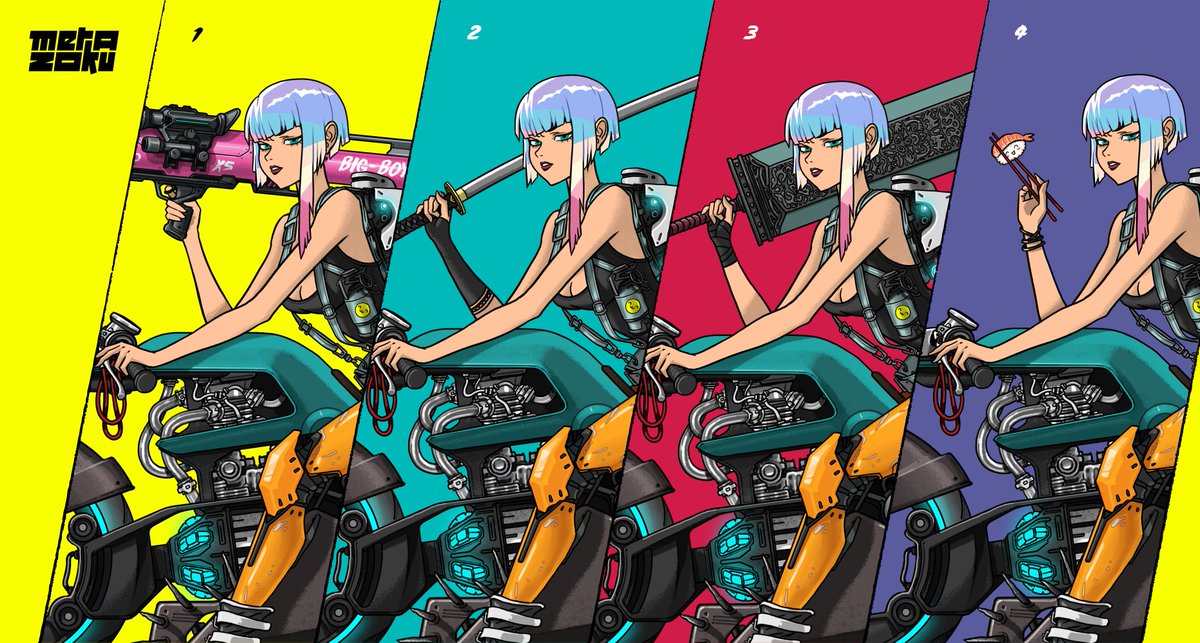 MetaZoku_com's tweet photo. Have you ever wondered what our girls take with them on a ride? This is your chance to influence their choices! Leave your vote for the variant you want to see on the full-size teaser👇

#NFTArt #WERIDE https://t.co/83mQ8Z8LHd