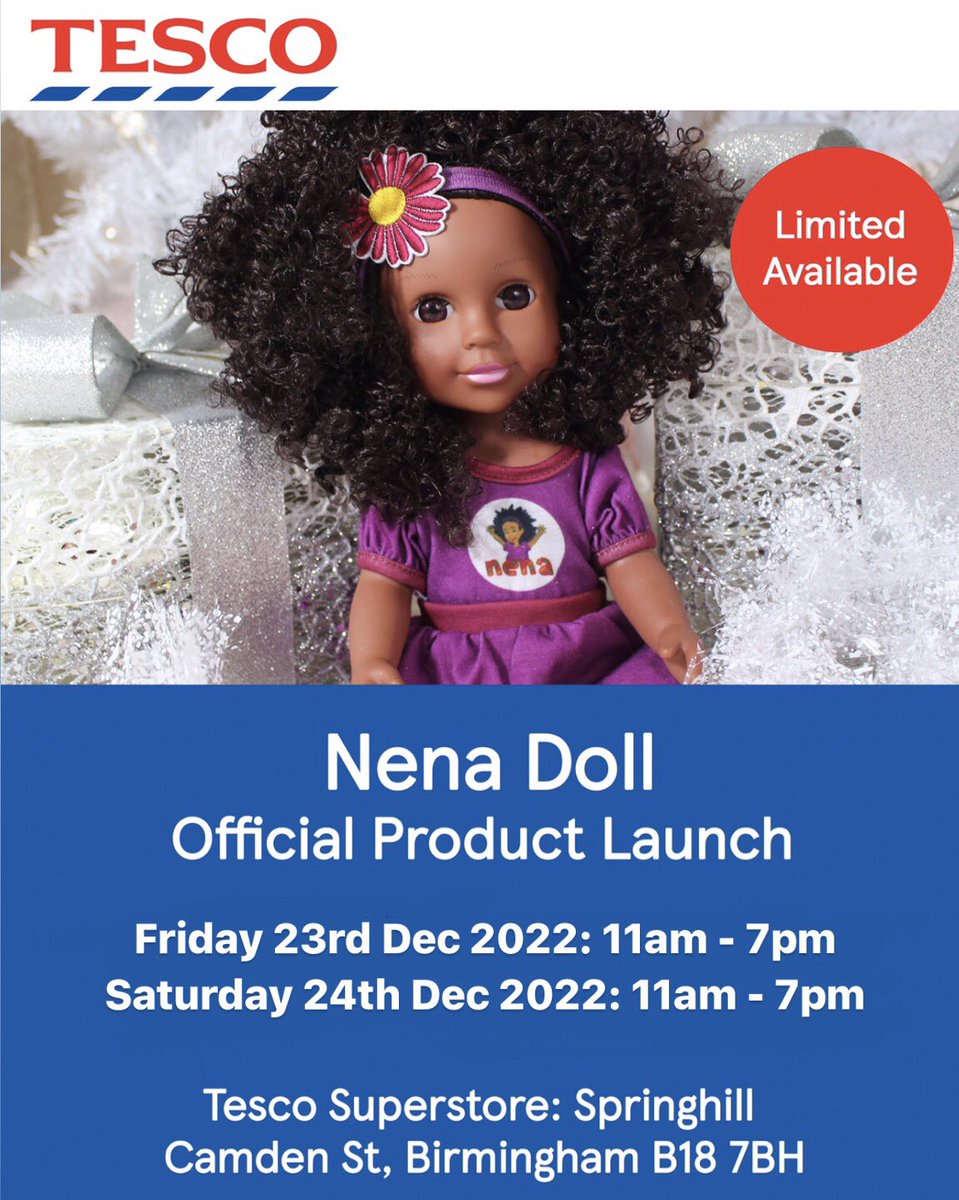 TheSelinaBrown's tweet photo. Happy to announce my Nena Doll is being launched in @Tesco (Springhill Birmingham) this Friday and Saturday (Christmas Eve)…this if your last time to grab a Nena Doll before the holidays 🎄🎄…

Come and say hi 👋🏿

thank you for your support ❤️ https://t.co/zGug71cL0p