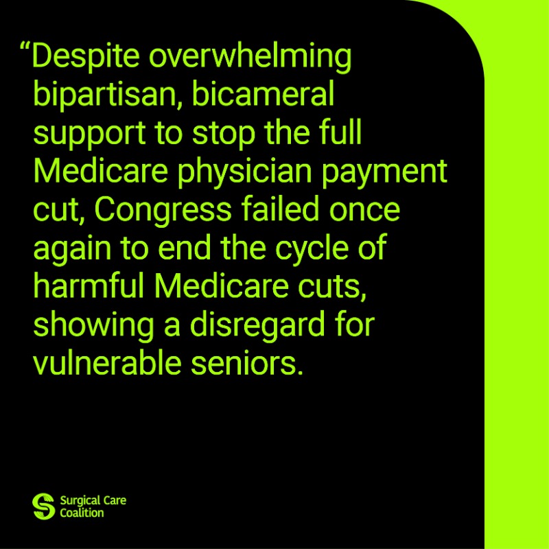 SurgeonsCare's tweet photo. We need your help to tell Congress to protect patients. The omnibus legislation shows Congress is set to allow harmful #Medicare cuts to go into effect on Jan. 1 – despite broad bipartisan, bicameral support to #StopTheFullCut. Read our statement &amp; take action at the link below⬇️