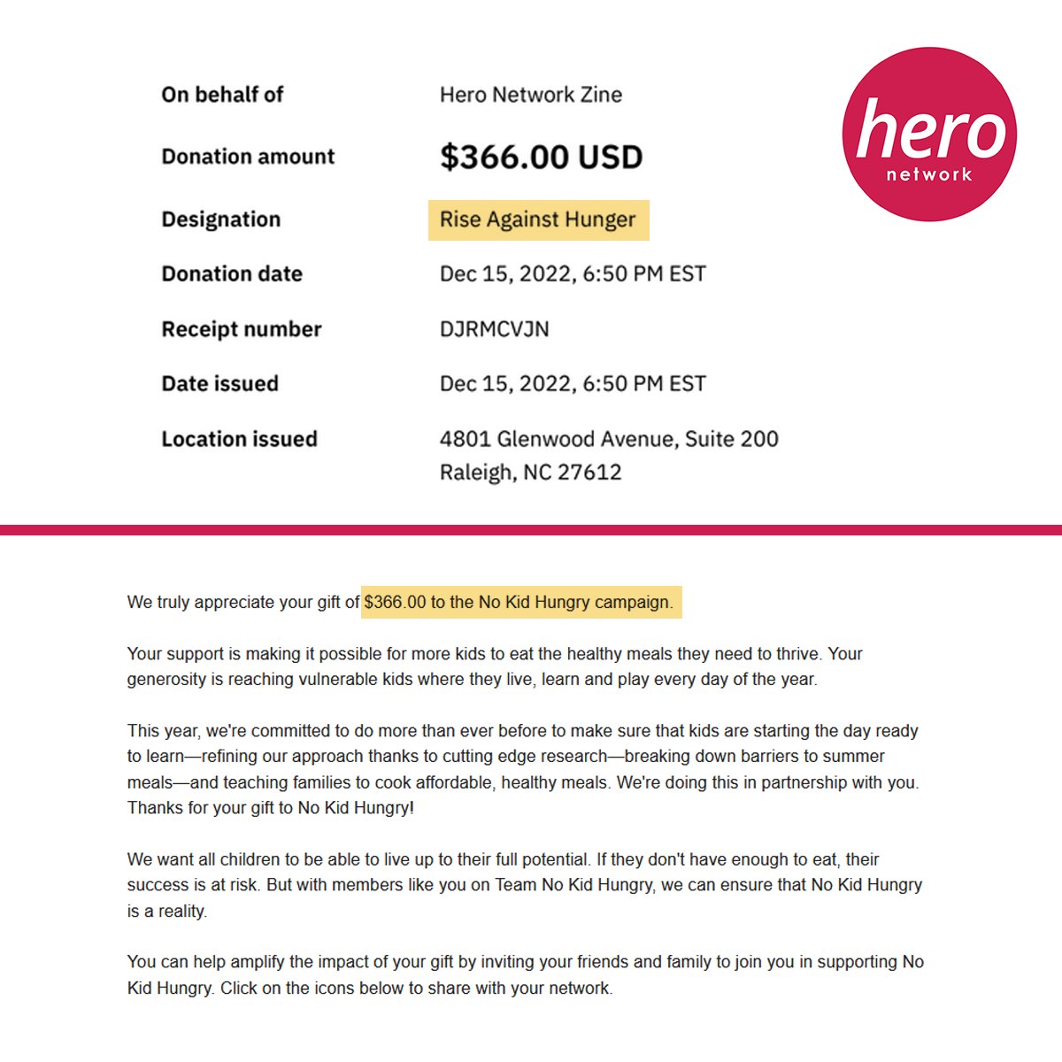 🎉 With your help we raised $732 USD!🎉

We decided to split the proceeds between Rise Against Hunger and No Kid Hungry. As always, thank you for your continuous support!