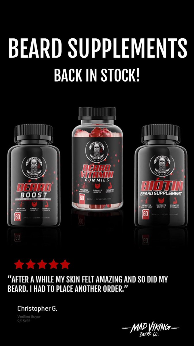 madviking_beard's tweet photo. Beard Supplements are back in stock and ready to ship! Use code AXE20 for 20% off the rest of December! #madviking #madvikingbeard #beardcare #beardsupplements https://t.co/pKf5CWv5wv https://t.co/Dnv2MCQy7H