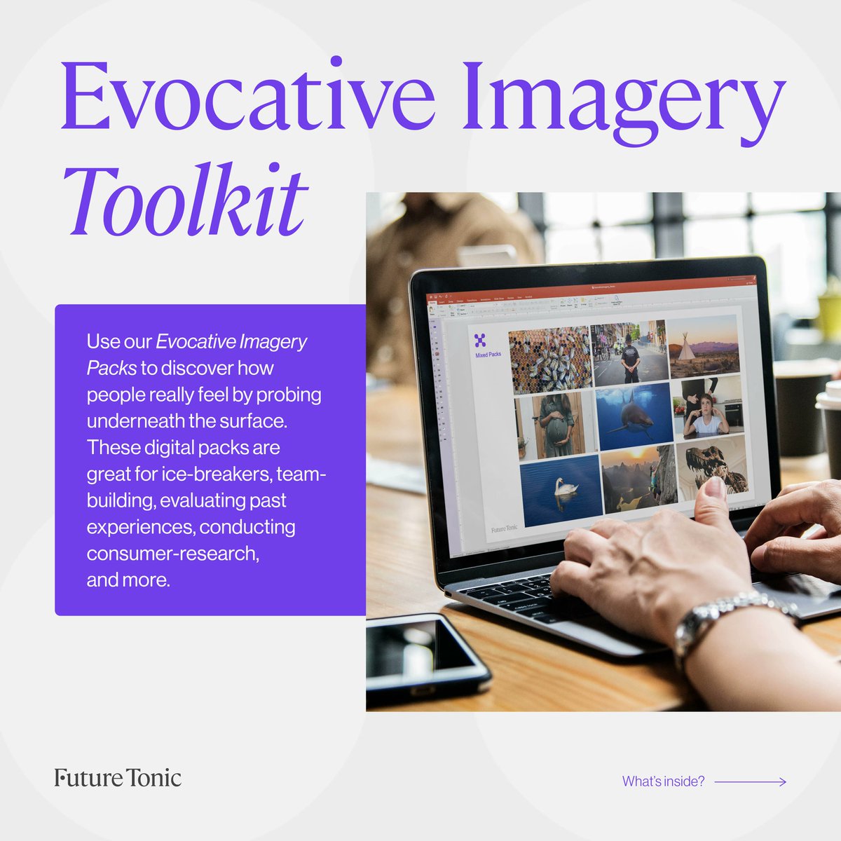 Our digital pack of high-quality images is great for ice-beakers, team-building, retrospectives, and more! 👀

Want to learn more about our evocative imagery toolkit? Visit futuretonic.co.uk/evocativeimage…  🌐