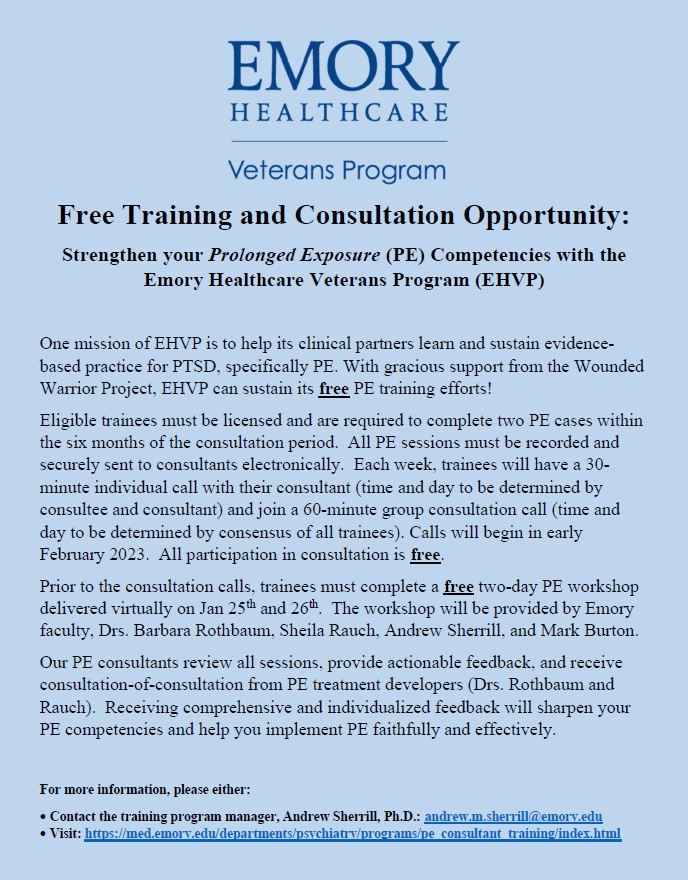 Andrew M. Sherrill, Ph.D. (@andrewsherrill) on Twitter photo Free PE Training and Consultation!
Are you interested in learning Prolonged Exposure for PTSD? Come train with us from January to July!
Thanks <a href="/wwp/">WWP</a> for supporting dissemination of evidence-based practice!
<a href="/sw4618/">Steph WeIIs, Ph.D.</a> <a href="/SonyaBN/">Sonya Norman</a> <a href="/sheila_rauch/">Sheila A. M. Rauch, Ph.D.</a> <a href="/LZPhD/">Lindsey Zimmerman</a> @CarmenMcLeanPhD <a href="/DrJessicaBStern/">Jessica B. Stern, PhD</a> Free PE Training and Consultation!
Are you interested in learning Prolonged Exposure for PTSD? Come train with us from January to July!
Thanks <a href="/wwp/">WWP</a> for supporting dissemination of evidence-based practice!
<a href="/sw4618/">Steph WeIIs, Ph.D.</a> <a href="/SonyaBN/">Sonya Norman</a> <a href="/sheila_rauch/">Sheila A. M. Rauch, Ph.D.</a> <a href="/LZPhD/">Lindsey Zimmerman</a> @CarmenMcLeanPhD <a href="/DrJessicaBStern/">Jessica B. Stern, PhD</a>