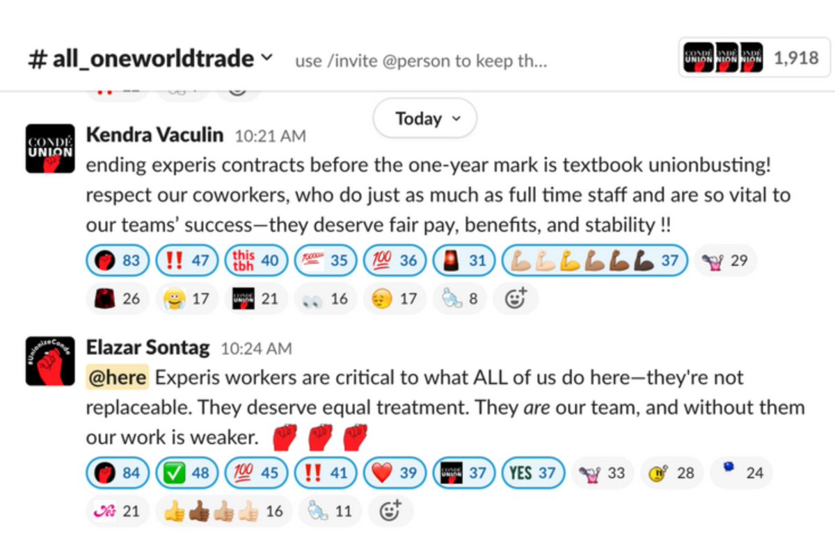 condeunion's tweet photo. Last week, we flooded the Condé Nast slack with messages about our coworkers who work on contracts, how important they are, and how much terminating their contracts will negatively impact our work. How do you think Condé responded? https://t.co/VwO1sTPYmJ