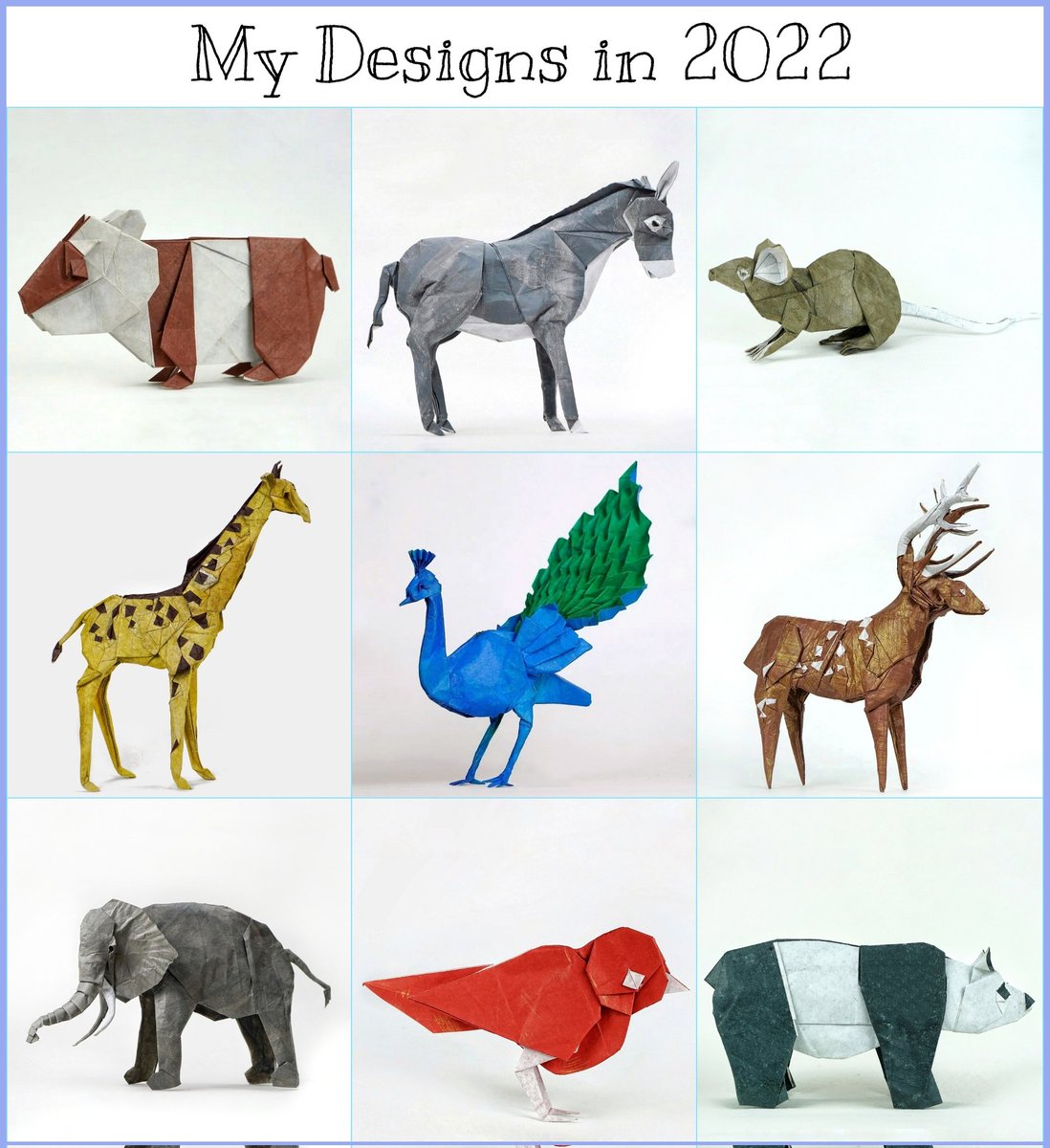 My Origami Designs in 2022.

For me, this year has been very productive in terms of Origami. In total I designed 15 models and here I selected my favorite top 9. Wish the next year will give more designs and development.

Are These models Book-worthy?