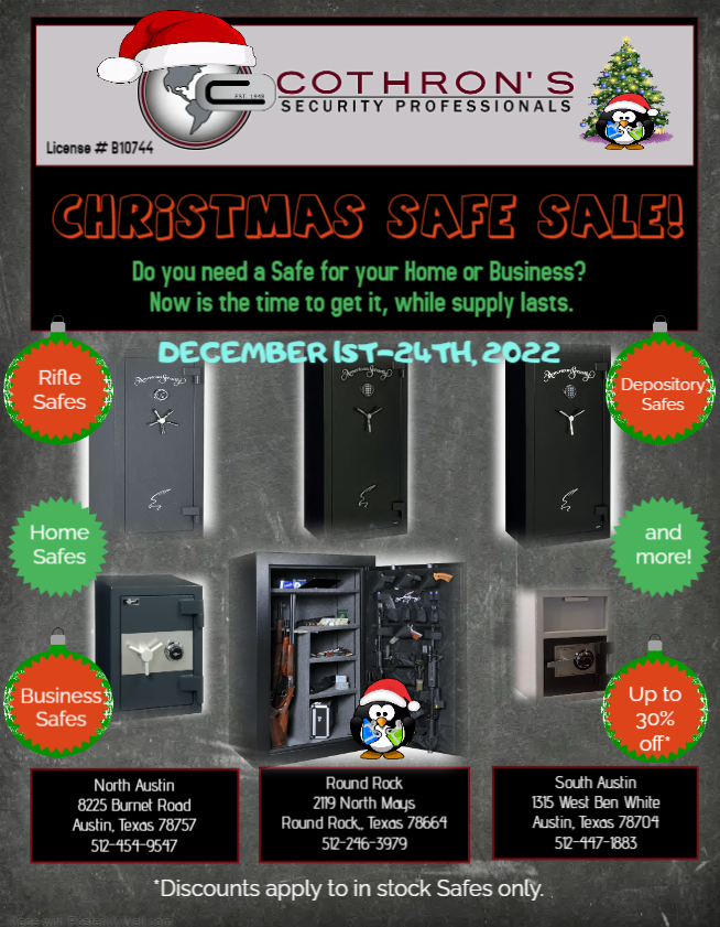 cothronsecurity's tweet photo. If you haven't finished your #holidayshopping, there are a few days left in our #safesale! A variety of #safes for homes and businesses at up to 30% off...Come in and shop today at our South Austin, North Austin, or Round Rock location.
#giftidea #homesafety #shoplocal #shopatx https://t.co/IL2oDOB5aS