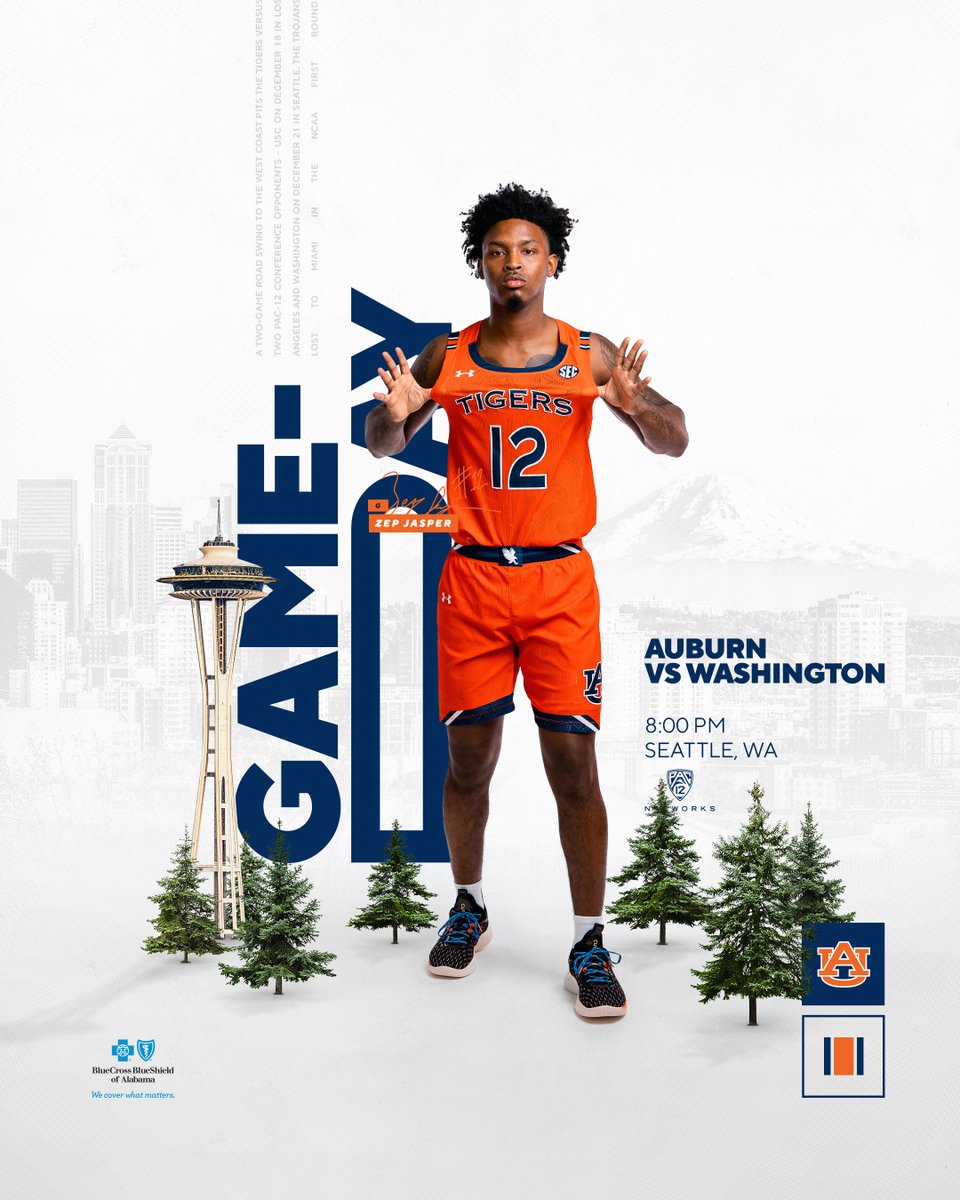 AuburnMBB's tweet photo. Gameday in the Emerald City. 

📍 Seattle, WA
⌚️ 8 p.m. CT
💻 https://t.co/svQ9jmQ7qr

#WarEagle | @BCBSofAlabama https://t.co/yBgpXCxIIj