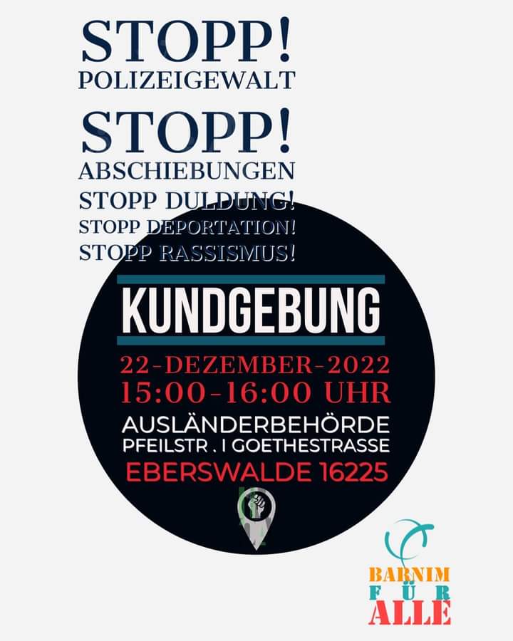BerlinDemo's tweet photo. 💥Ankündigung Donnerstag 22.12.2022💥

🔥STOPP POLIZEIGEWALT!🔥
🔥STOPP ABSCHIEBUNGEN!🔥

Donnerstag, 22.12.2022 | 15:00 Uhr - 16:00 Uhr | Am Markt 1, 16225 Eberswalde

(1/9)

#b2212 #ew2212 #noborder https://t.co/ryfZXZjnE4