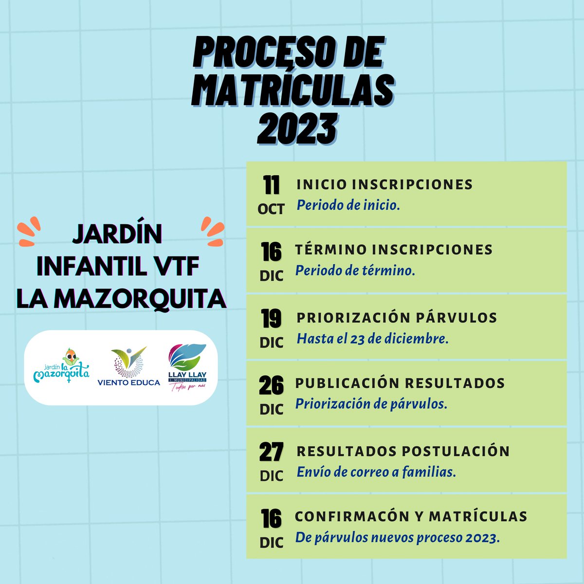 EducaViento's tweet photo. ⭕️#LlayLlay Información sobre el proceso de matrículas de jardines V.T.F. 👶👧🧒
#sanfelipe #Llaillay #valpo #Valparaiso #chile #educacion #preescolar #parvulos https://t.co/jKfk6LvOWW