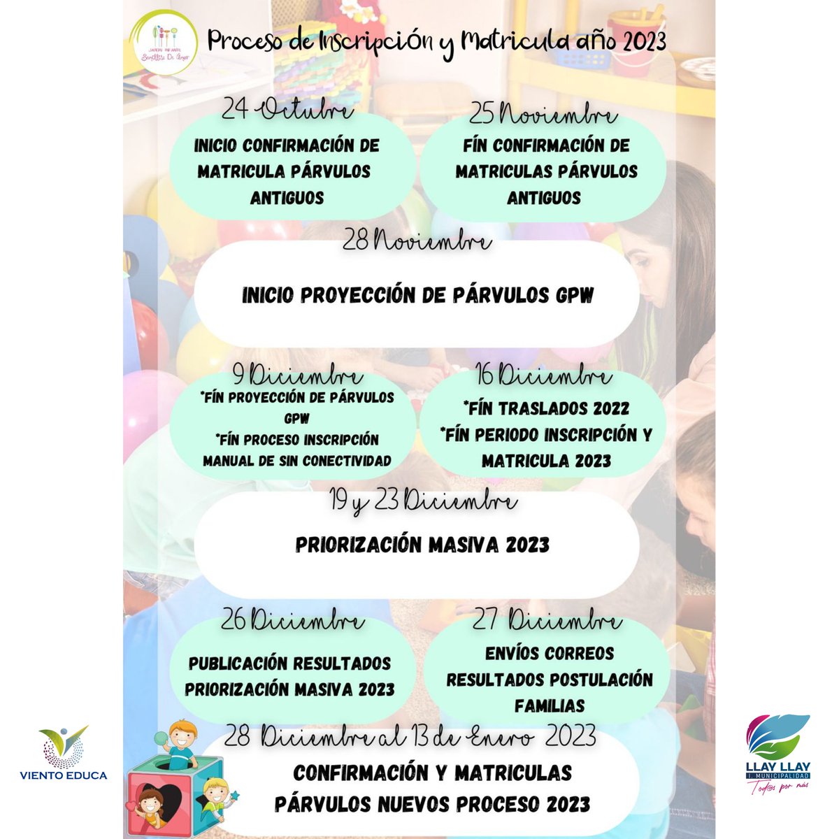 EducaViento's tweet photo. ⭕️#LlayLlay Información sobre el proceso de matrículas de jardines V.T.F. 👶👧🧒
#sanfelipe #Llaillay #valpo #Valparaiso #chile #educacion #preescolar #parvulos https://t.co/jKfk6LvOWW