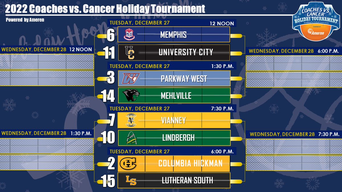American Cancer Society Coaches vs Cancer MO (@cvc_mo) on Twitter photo The #CVCHoliday Tournament tips-off on December 27 at <a href="/MaryvilleU/">Maryville University</a>!
<a href="/StatesmenHoops/">Webster Groves Basketball</a> & <a href="/EurekaBoysHoops/">Eureka Basketball</a> will tip-off the day while <a href="/Vianneyhoops/">Vianney Basketball</a> & <a href="/golhsflyers/">LHS Flyers Athletics</a> will play in the nightcap!
Top-seed <a href="/DeSmetJesuitHS/">De Smet Jesuit High School</a> takes on <a href="/pnvikingshoops/">Parkway North Basketball</a> at 4:30 p.m.
#CVCHoliday The #CVCHoliday Tournament tips-off on December 27 at <a href="/MaryvilleU/">Maryville University</a>!
<a href="/StatesmenHoops/">Webster Groves Basketball</a> & <a href="/EurekaBoysHoops/">Eureka Basketball</a> will tip-off the day while <a href="/Vianneyhoops/">Vianney Basketball</a> & <a href="/golhsflyers/">LHS Flyers Athletics</a> will play in the nightcap!
Top-seed <a href="/DeSmetJesuitHS/">De Smet Jesuit High School</a> takes on <a href="/pnvikingshoops/">Parkway North Basketball</a> at 4:30 p.m.
#CVCHoliday