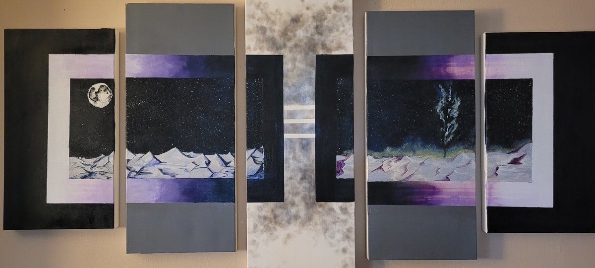 s4rc4st1csn0w's tweet photo. Finished my latest painting. 2 desert scapes set inside reverse gradient borders. Sadly the camera loses the stars a bit #painting #multimedium #Galaxy #Nightsky https://t.co/fCCZZ924YK