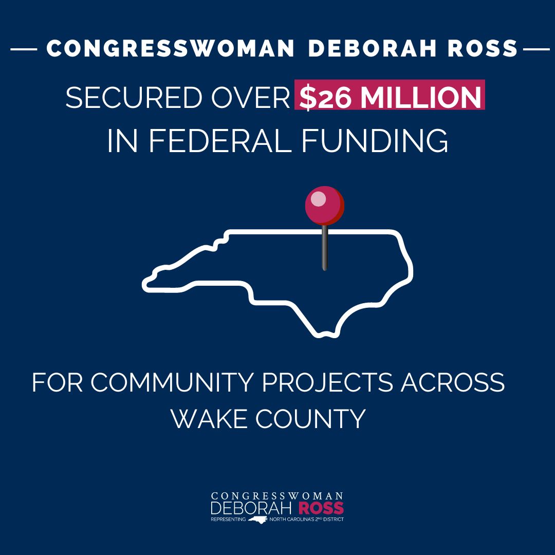 RepDeborahRoss's tweet photo. Exciting news! I secured over $26 million for projects across Wake County in the government funding package. 

From Raleigh to Wendell, these projects address critical needs in Wake County and represent transformational investments in families, students, seniors, &amp; more. https://t.co/zAYS6cmXkt