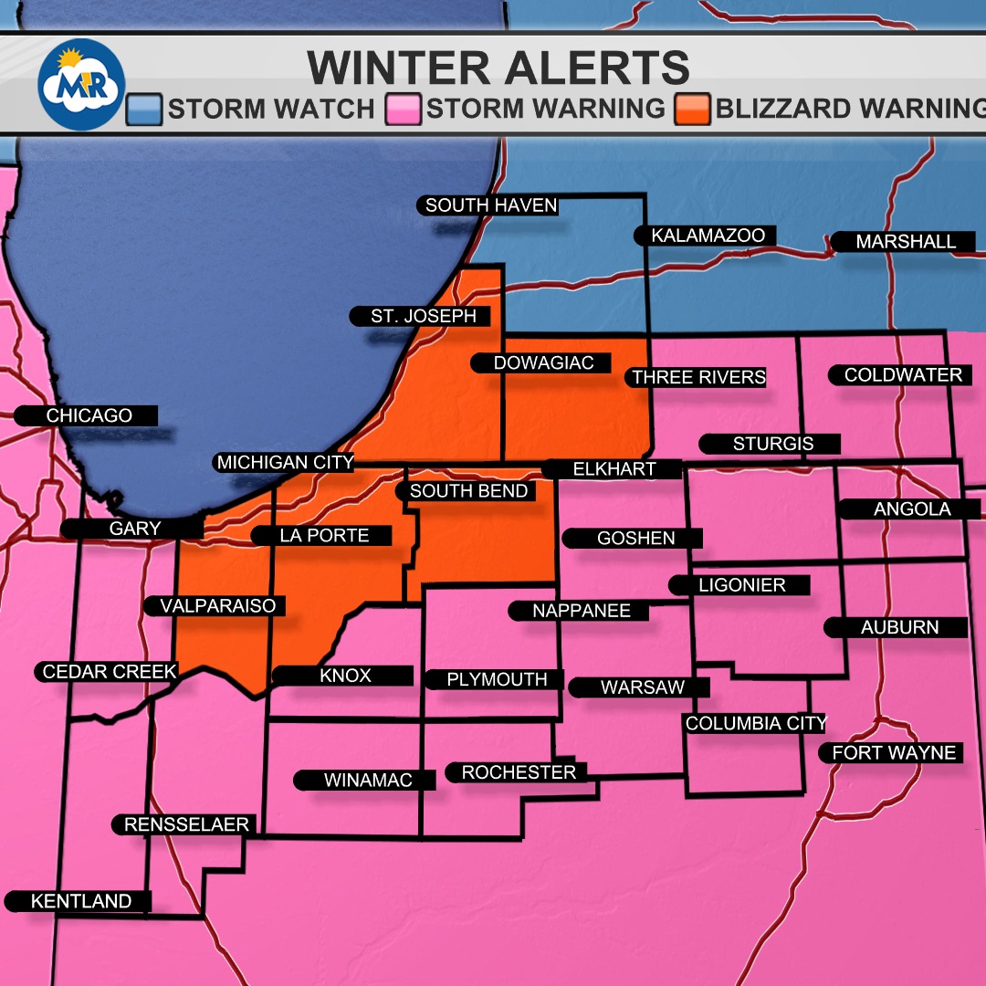 MattRudkinWX's tweet image. A **BLIZZARD WARNING** is in effect for the counties in red. A **WINTER STORM WARNING** is included for the counties in pink. This will be an impactful storm for the ENTIRE area. Snow begins area-wide Thursday afternoon, and continues through the night.