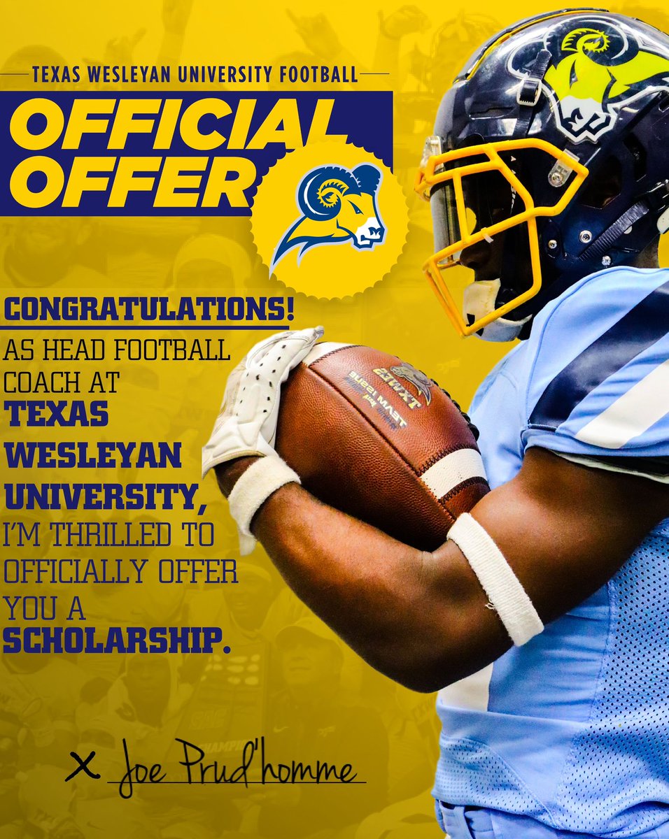 After a great conversation with @Coach_RGlover I am blessed to receive an offer from Texas Wesleyan University @CEKCoachYoung1 @5Marshall55 @CEKingWRs @and_jl3 @Dphs1906P