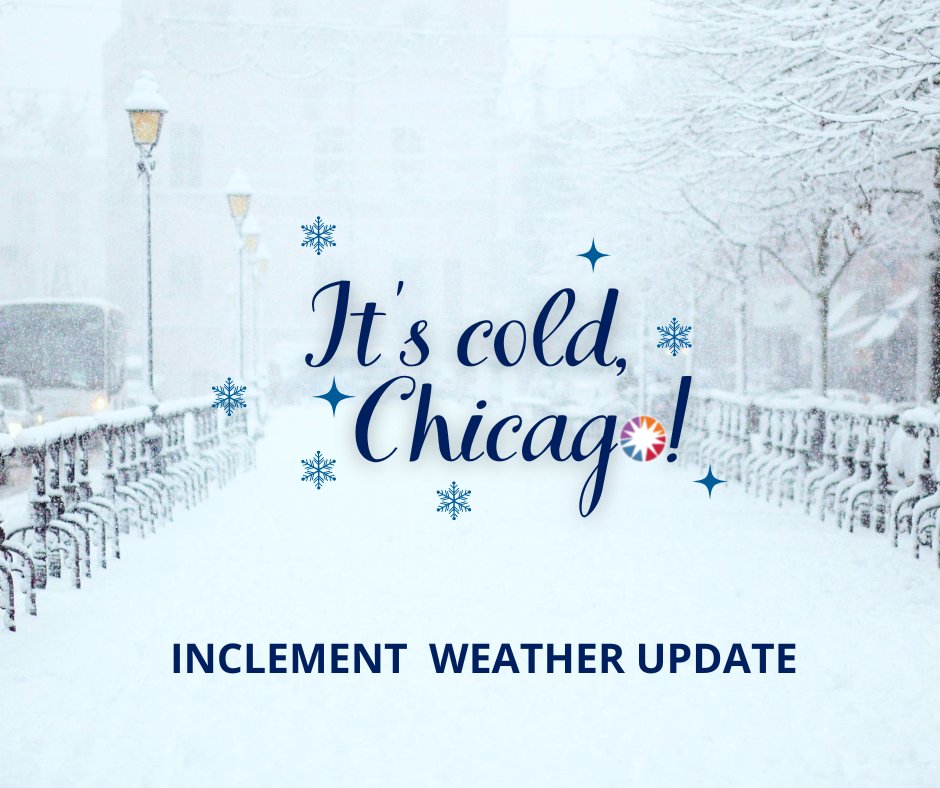 In preparation for snow storms predicted in Chicago, we will move to a 1pm dismissal tomorrow, December 22, 2022. ALL after school activities, including after care are canceled for tomorrow. Check your email for details, and stay safe &amp; warm!