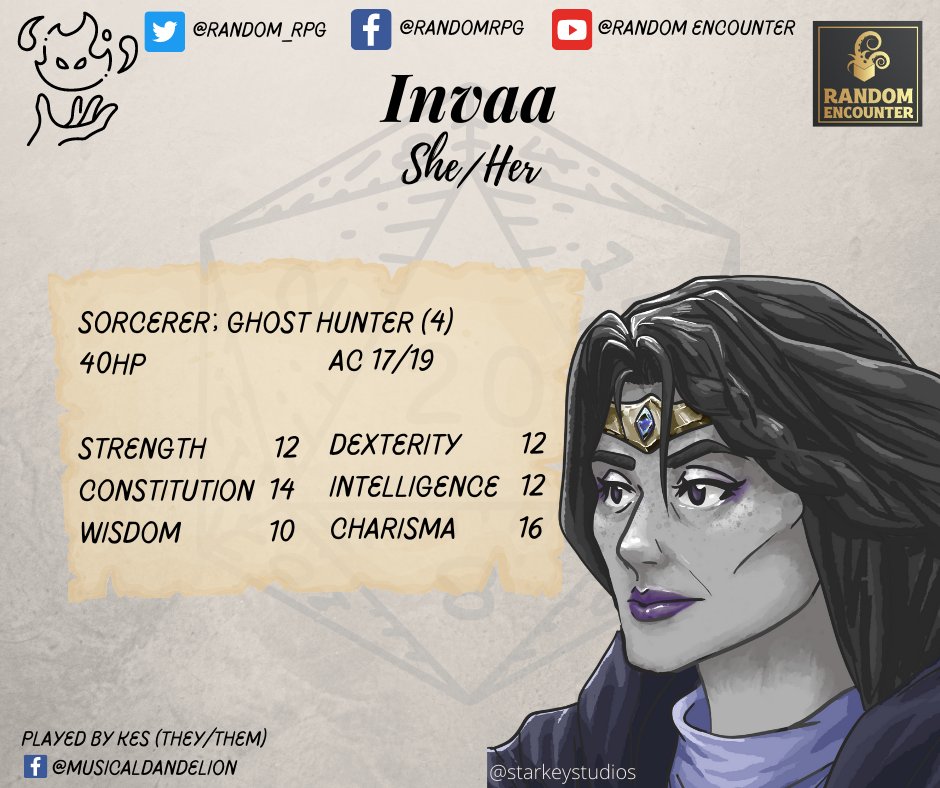 random_rpg's tweet image. Invaa (She/Her) is our resident Ghost Hunter #Sorcerer, and is played by Kes (They/Them).

#Pathfinder2e #Pathfinder #TTRPG #RPG #AbominationVaults