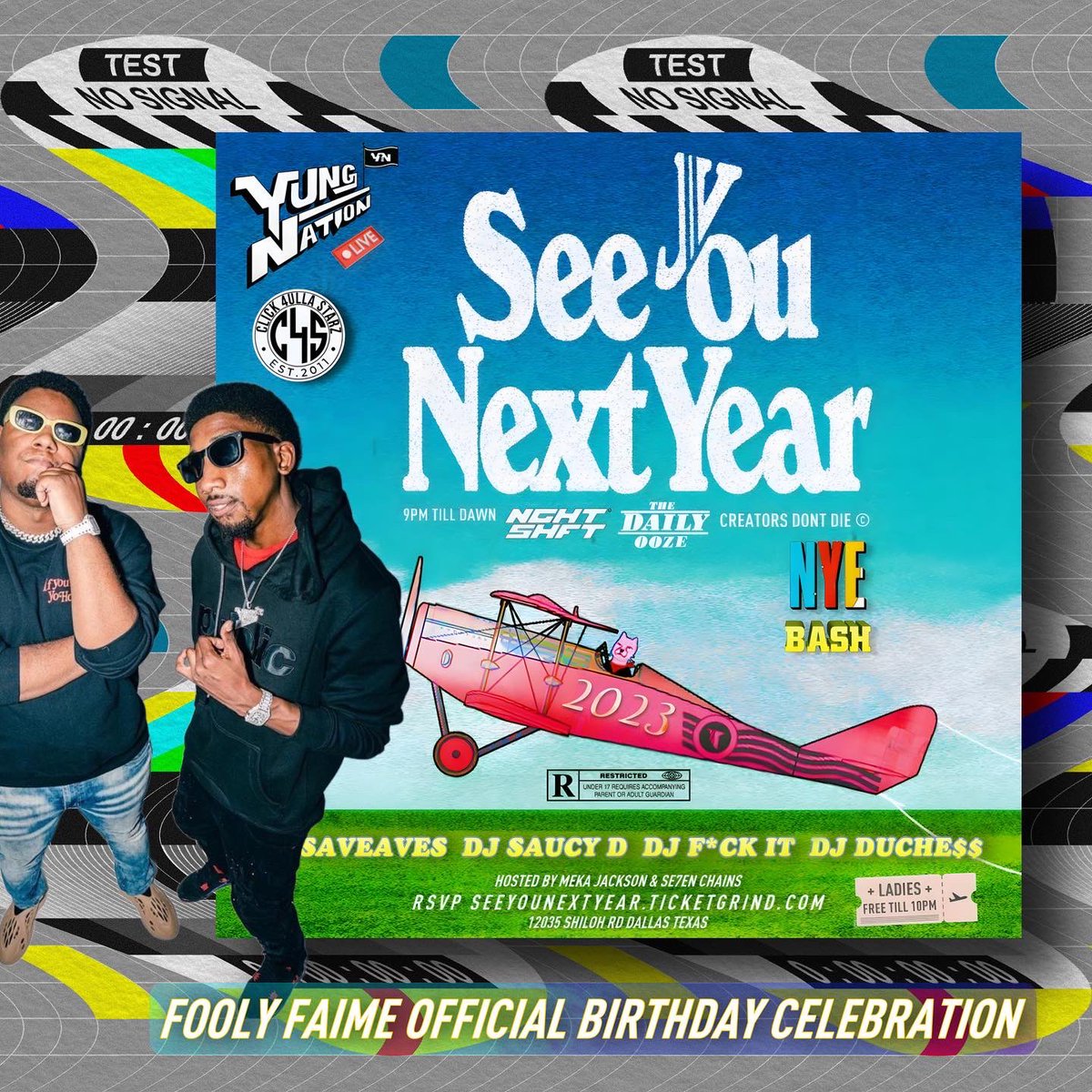 Dallas.

We throwing the Biggest Underground NYE Bash with YUNG NATION 🚀©️ ‘See You Next Year’ 2023

9P - Dawn
<a href="/CreatorsDontDie/">CREATORS DONT DIE ©️</a>

Ladies 🆓 Till 10
Limited RSVPs 🎟
Seeyounextyear.ticketgrind.com

DJ Sets
<a href="/DJSaucyD/">DJ SaucyD</a>
<a href="/theawesomeaves/">(dj) save aves</a>
<a href="/Pedrosaidfuckit/">Pedro Green</a>
@duchyduch 

🔋 <a href="/DailyOoze/">DailyOoze</a> <a href="/Se7enChains/">777</a>