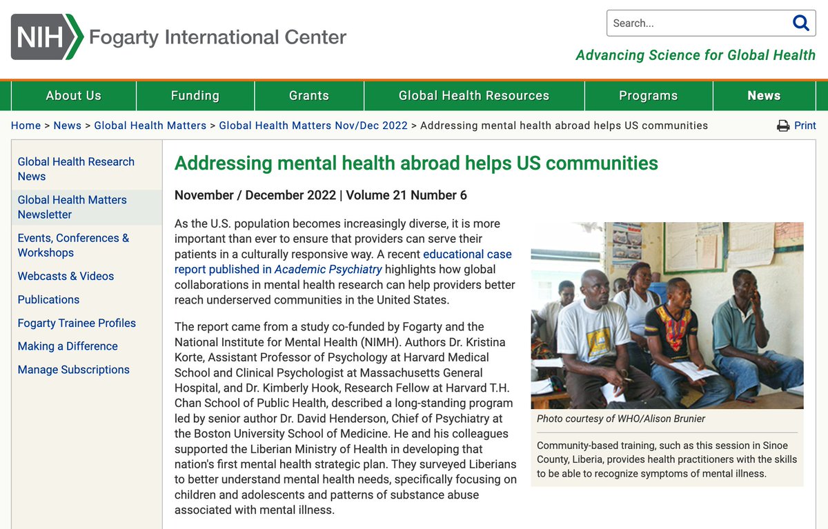 'A Global-Local Paradigm for Mental Health: A Model and Implications for Addressing Disparities Through Training and Research' was recently highlighted in Fogarty's (<a href="/Fogarty_NIH/">Fogarty at NIH</a>) Global Health Matters November/December 2022 issue! 

Read it here: fic.nih.gov/News/GlobalHea…