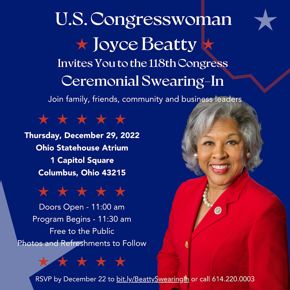 RepBeatty's tweet photo. Come join #TeamBeatty on Thursday, December 29th for the 118th Congress Ceremonial Swearing-In at the Ohio Statehouse Atrium.
RSVP at https://t.co/02Ham83ZH1 by 12/22 to claim your spot! https://t.co/5LBOccUTuy