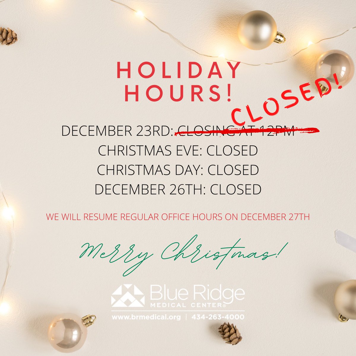 BRMedicalCenter's tweet photo. UPDATE:

Due to inclement weather predicted for Friday morning, we're now closed the entire day to ensure everyone's safety.

We'll see y'all on the 27th! Merry Christmas! https://t.co/hUp6XXnzkD