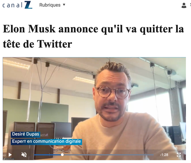 Jamais 2 sans 3 🤪

😎 Petit passage TV dans le JT de Kanaal Z - Canal Z au sujet du probable abandon de la direction de #Twitter par #ElonMusk.

😉 Et un clin d'oeil à mon comparse Xavier Degraux ;)

👉 Explications en images et vidéos ici : canalz.levif.be/news/elon-musk…