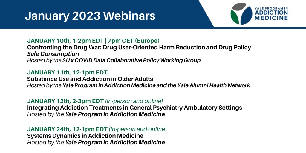 (1/5) #SaveTheDate for these upcoming webinars from <a href="/YaleADM/">Yale Program in Addiction Medicine</a> &amp; partners. Follow the 🧵 for details + registration links ➡️➡️➡️