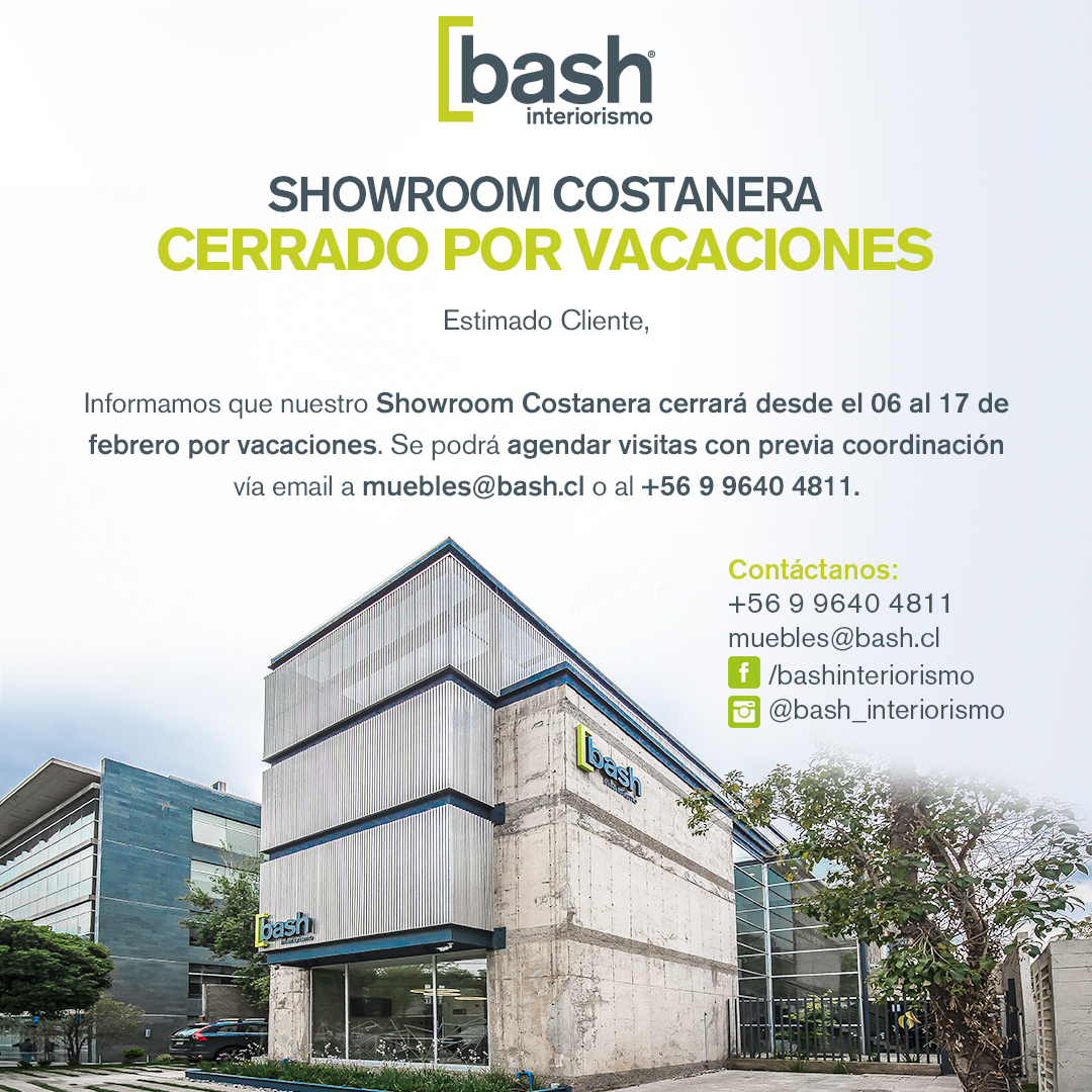 Bash Chile (@bashchile) on Twitter photo #BashInteriorismo
⚠ Información Importante
Nuestro Showroom Costanera cerrará desde el 06 al 17 de febrero por vacaciones. Se podrá agendar visitas con previa coordinación vía email a muebles@bash.cl o al +56 9 9640 4811.
Gracias por su comprensión.
#BashChile #Showroom #BashInteriorismo
⚠ Información Importante
Nuestro Showroom Costanera cerrará desde el 06 al 17 de febrero por vacaciones. Se podrá agendar visitas con previa coordinación vía email a muebles@bash.cl o al +56 9 9640 4811.
Gracias por su comprensión.
#BashChile #Showroom