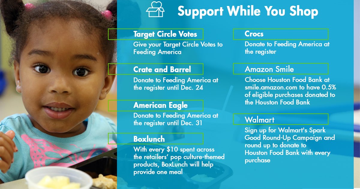 HoustonFoodBank's tweet photo. Support Houston Food Bank while you shop this holiday season! 🛍🎁🍏 You can help us provide #FoodForBetterLives through select retailers by voting for Feeding America, donating at the register, or through purchasing select items.
#SupportWhileYouShop #GivingBack https://t.co/YZGieT1wSz