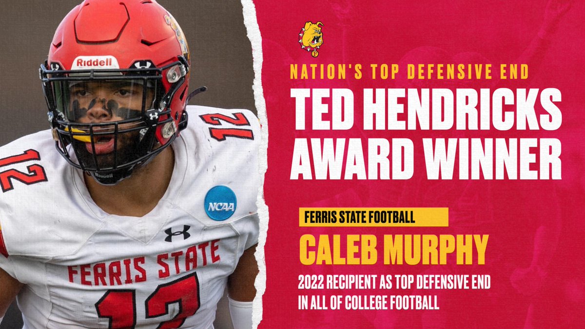 FerrisFootball's tweet image. NATION'S BEST DEFENSIVE END! Ferris State's Caleb Murphy honored as the top defensive end in all of college football, regardless of level! First non-FBS player in the 20-year history of the award! Congrats to our National Champion! bit.ly/3WgRI7U @calebmurphy008
