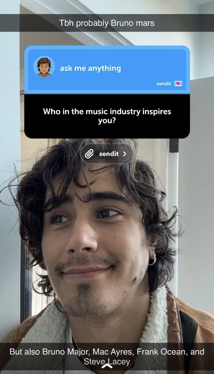 CiminoUpdate's tweet photo. “Tbh probably Bruno mars…But also Bruno major, Mac ayres, Frank ocean, and Steve lacy”—@_michaelcimino_ on who inspires him in the music industry via snapchat stories https://t.co/dyGvFO8PeG