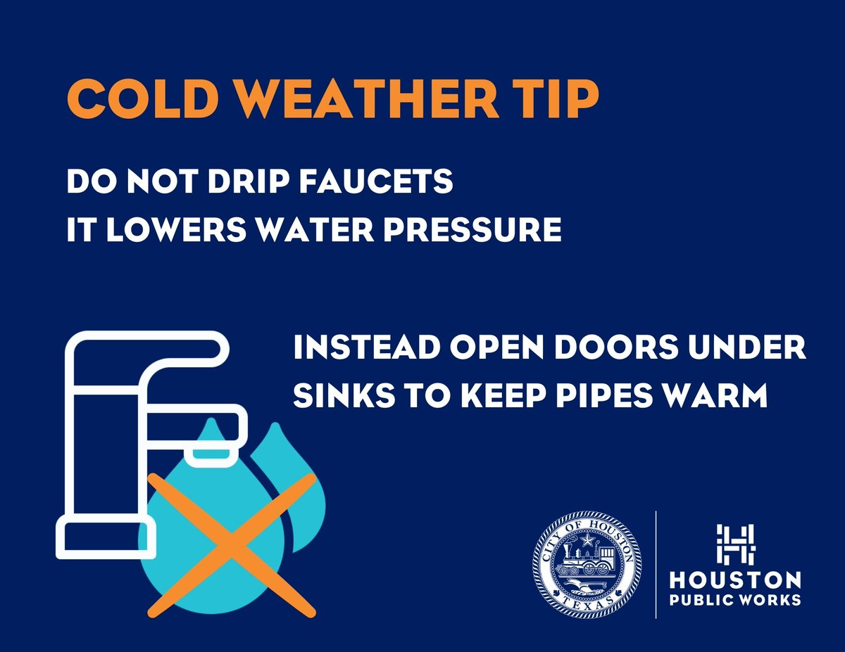 #HouPublicWorks urges residents NOT to drip their faucets during this week's freezing weather. Our water system is different than others. Dripping faucets could lead to a dangerous drop in water pressure. Instead, open doors under sinks to keep pipes warm #houwx #Freeze #HouWater