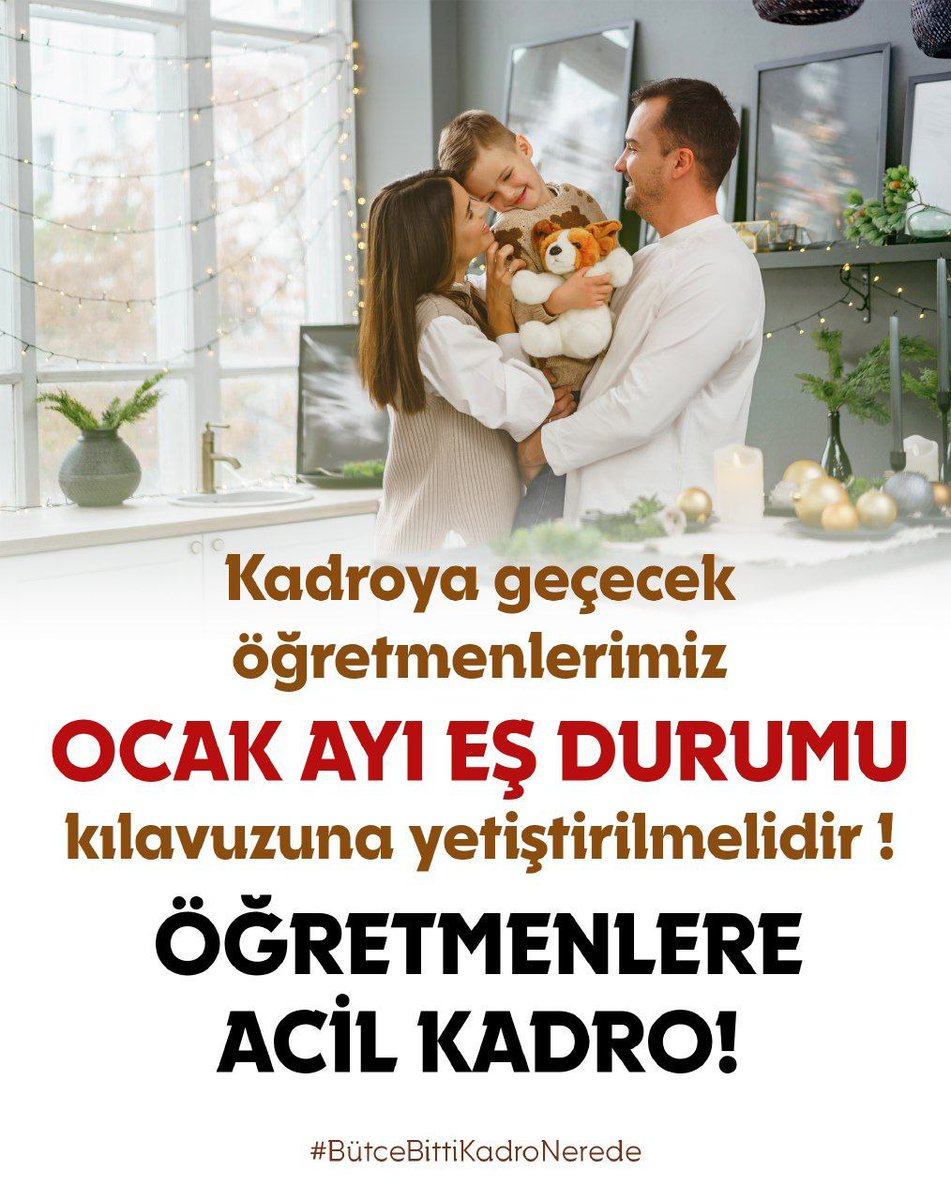 Milli Eğitim, Sağlık, Tarım ve Orman, Adalet Bakanlıkları, Diyanet Sözleşmelileri ve Süresiz Sözleşmeliler olarak Aralık  ayı bitmeden KADROMUZA kavuşmak istiyoruz 
<a href="/RTErdogan/">Recep Tayyip Erdoğan</a> 
<a href="/vedatbilgn/">Vedat Bilgin</a> 
<a href="/tcbestepe/">T.C. Cumhurbaşkanlığı</a> 
<a href="/akbasogluemin/">Av. M.Emin AKBAŞOĞLU 🇹🇷</a> 
#SözleşmeliyeVerilenSöz