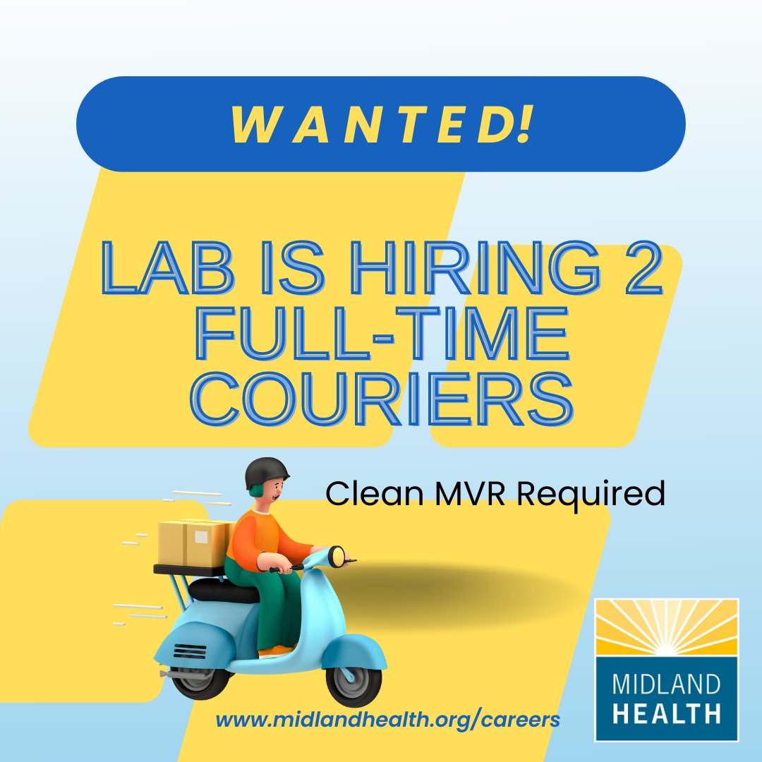 MidlandHealthHR's tweet photo. Our Lab dept is looking to hire 2 Couriers! If you're interested in joining our MMH team, visit https://t.co/TRr76NkiYm 
#couriers #labcouriers #lab  #careers #opportunities #recruiting #teamwork #MidlandMemorial #midlandhealth #hiring #hiringnow #jobsinmidland #jobs #jobsearch https://t.co/dggxcZWxdz