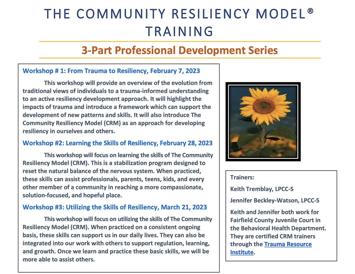 FairfieldADAMH's tweet photo. THE COMMUNITY RESILIENCY MODEL TRAINING
Workshop # 1: 
From Trauma to Resiliency, February 7, 2023
Workshop #2: 
Learning the Skills of Resiliency, February 28, 2023
Workshop #3: 
Utilizing the Skills of Resiliency, March 21, 2023
https://t.co/JXJG16mMDy https://t.co/fBnKqKzWuY