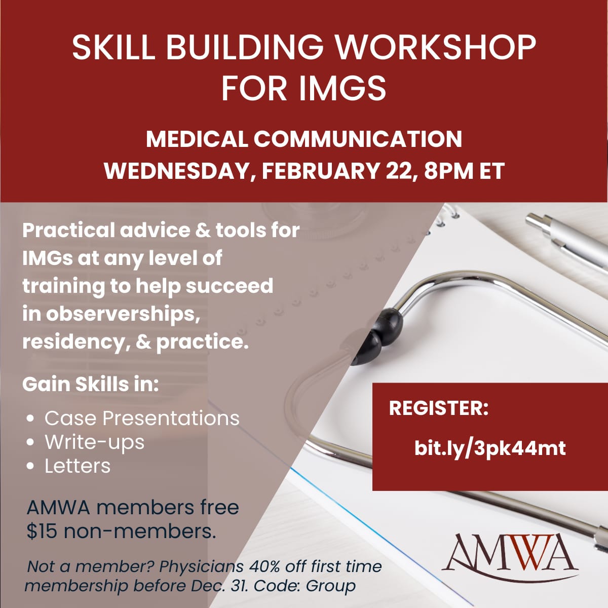 AMWA Doctors (@amwadoctors) on Twitter photo Skill-building workshop for IMGs! Workshop on Medical communication this Wednesday, February 22 at 8 PM ET
#Match2023 #IMG #ERAS #MedStudents #MedEd #medicaleducation #medicalstudent #AMWA #IMGinitiative #IMGs #MedStudent <a href="/ProjectImg/">Project IMG ™</a> <a href="/Inside_TheMatch/">Inside The Match</a> <a href="/ECFMG_IMG/">ECFMG for IMGs</a> Skill-building workshop for IMGs! Workshop on Medical communication this Wednesday, February 22 at 8 PM ET
#Match2023 #IMG #ERAS #MedStudents #MedEd #medicaleducation #medicalstudent #AMWA #IMGinitiative #IMGs #MedStudent <a href="/ProjectImg/">Project IMG ™</a> <a href="/Inside_TheMatch/">Inside The Match</a> <a href="/ECFMG_IMG/">ECFMG for IMGs</a>